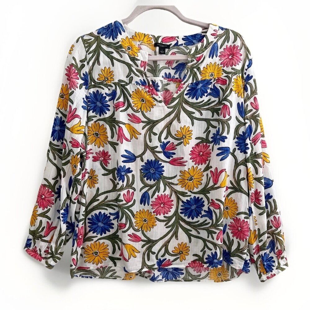 NEW Ann Taylor Floral Blouse top Vine Split Neck Long Sleeve Boho Top SMALL - Picture 1 of 6